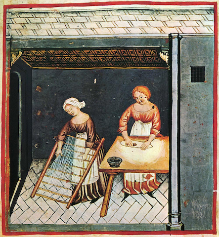 manuscript illustration of two women making pasta, one rolling dough and one hanging noodles