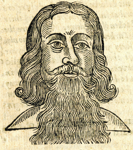 woodcut of man's head with splendid beard and hair
