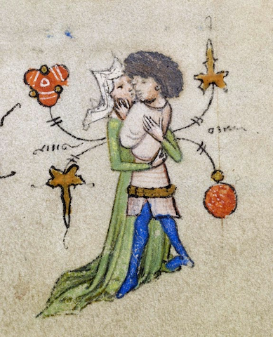 illumination of stylish man and woman embracing in margin