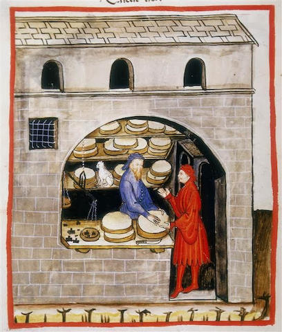 manuscript illustration of customer at shop full of cheese wheels