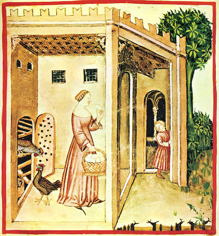 manuscript illustration of woman collecting eggs from henhouse while child looks on