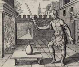 engraving of man lifting sword over mysterious large egg on table
