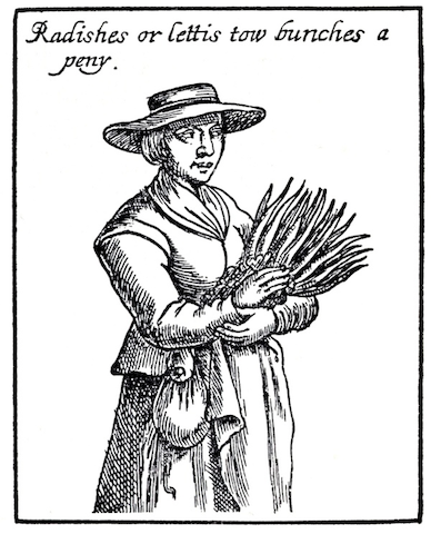 vendor with armful of "Radishes or lettis tow bunches a peny"