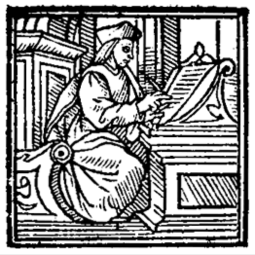 woodcut of scribe at writing desk