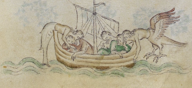 two female chimeras, one half fish and the other half bird, attacking sailors on ship
