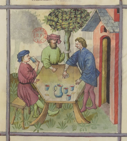 manuscript illustration of three men drinking wine at outdoor table