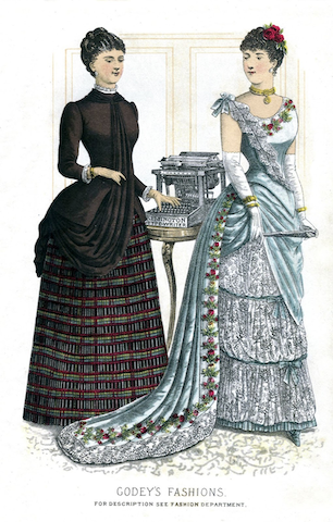 professional woman at typewriter and woman in ball gown