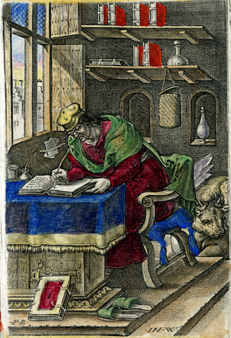 colored engraving of scholar at desk