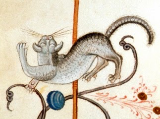 illustration of cat gamboling on vines and pole in margin