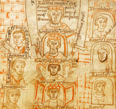medieval manuscript, genealogical chart with faces of Carolingians