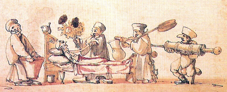 print of patient in bed surrounded by doctors with strange implements