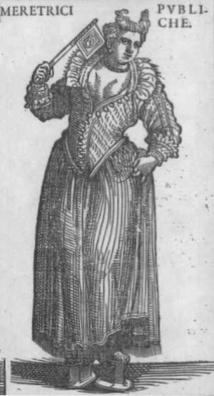 engraving of Venetian courtesan with cleavage and very tall chopines