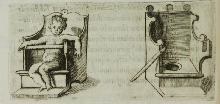 engraving of potty chair with and without child