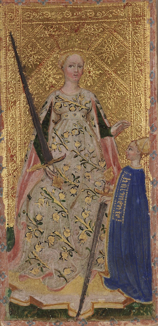 gold-heavy painting of enthroned woman with sword, crown, attendant