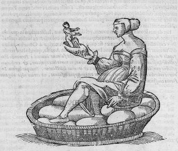 engraving of woman sitting on basket of giant eggs, holding egg with hatching baby