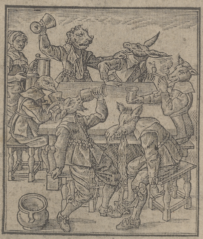 engraving of various animals in 17th c. dress, drinking, smoking, brawling, vomiting in tavern