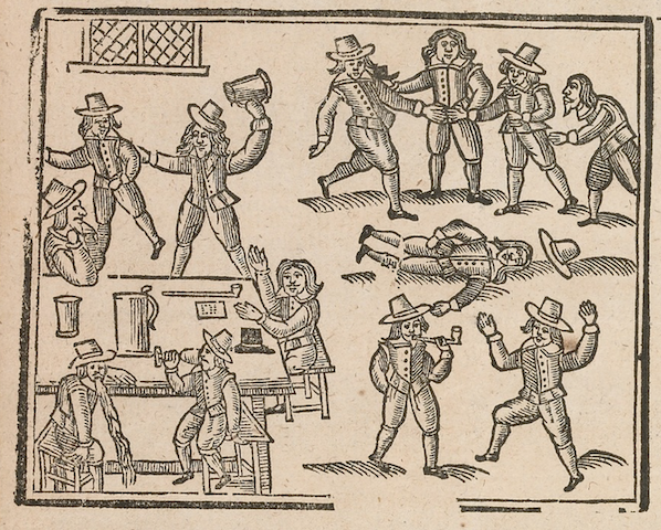 woodcut of men drinking, carousing, vomiting