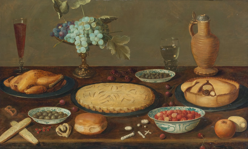 painting of table set with pies, grapes, roast bird