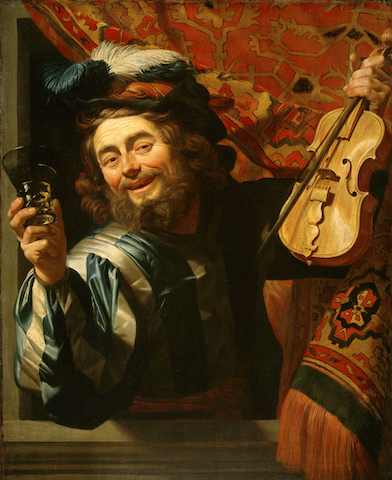 painting of leering musician with wine and violin held aloft