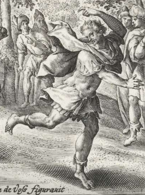 engraving of figure flailing and running
