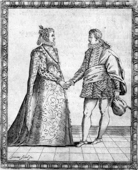 engraving of man and woman preparing to dance