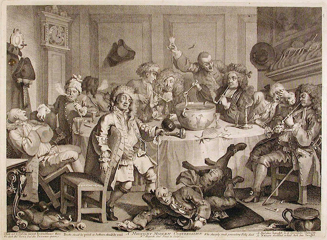 group of men smoking, drinking, carousing, falling