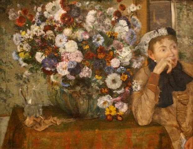 painting of pensive woman sitting next to enormous floral arrangement