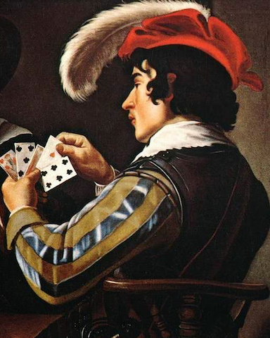 painting of man looking at his hand of playing cards