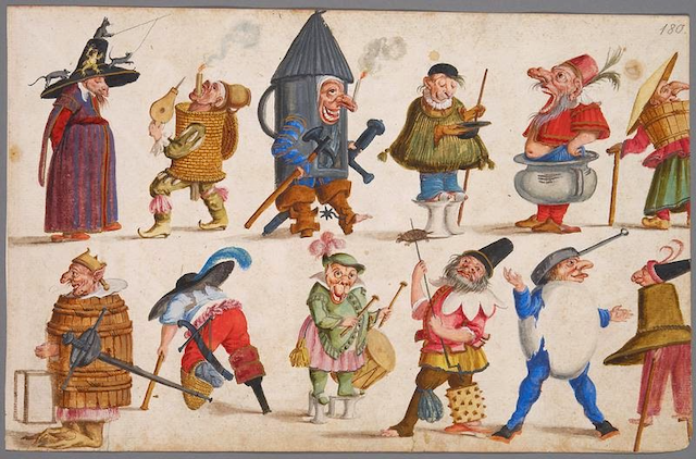 illustration of figures in ridiculous costumes, including an egg costume with a frying pan hat