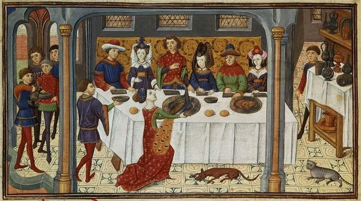 illumination of medieval feast with woman serving a peacock