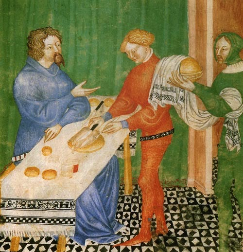 manuscript illustration of men carving food for lord