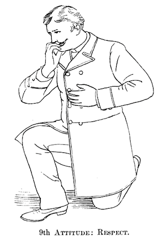 illustration of man kneeling with fingers to lips, labeled "9th Attitude: Respect"