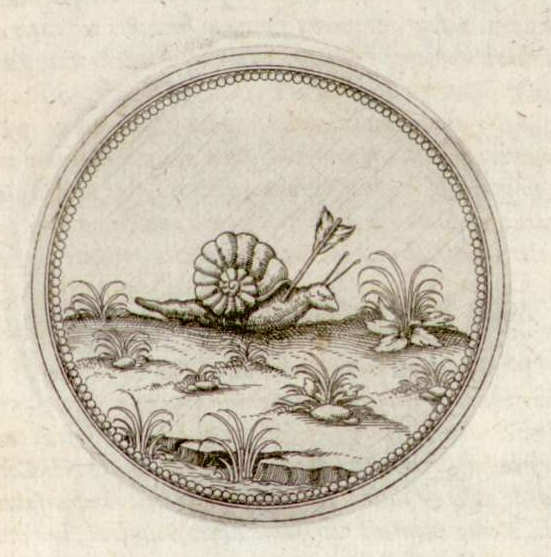 engraving of tenacious snail struck through with arrow