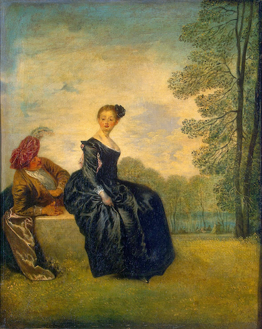 painting of woman looking askance at lounging man