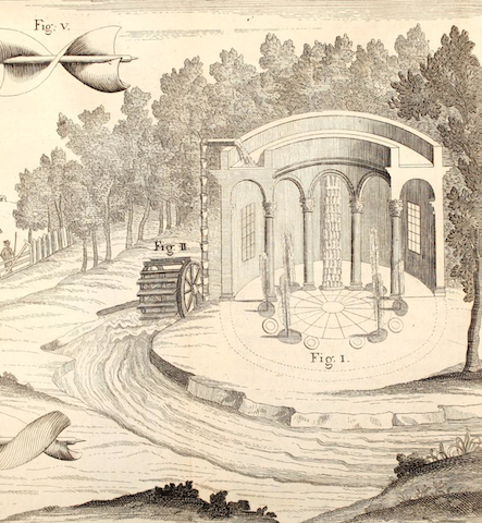 architectural diagram of pavilion cooled by waterwheel