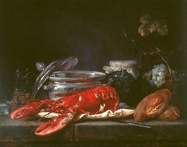 painting of lobster, grapes, utensils