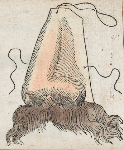 engraving of nose-and-mustache mask with strings