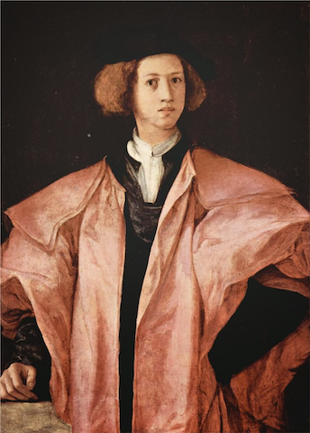 painting of serious young man in enormous pink overgarment
