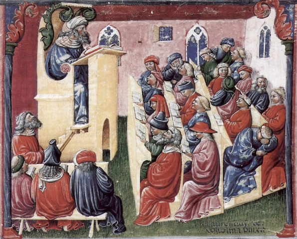 manuscript painting of professor lecturing to full room