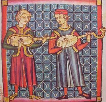 manuscript illustration of two men playing stringed instruments
