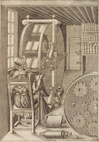 engraving of scholar at rotating book wheel