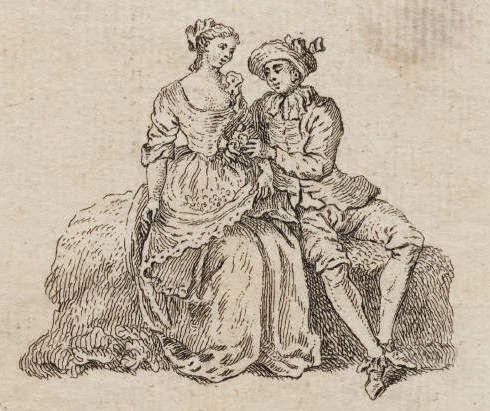 engraving of man and woman lounging amorously on couch