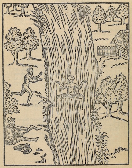 woodcut of swimmer gesturing in river and two onlookers, naked and undressing