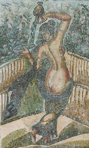 mosaic of naked woman pouring water