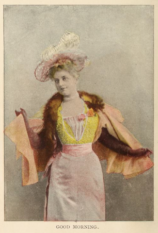 woman posing smugly in feathered hat and furred cape, labeled "Good Morning."