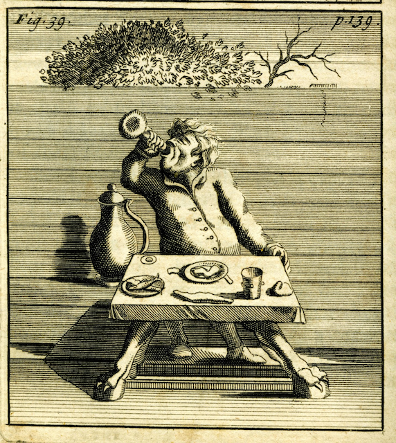 engraving of man guzzling wine at a small table