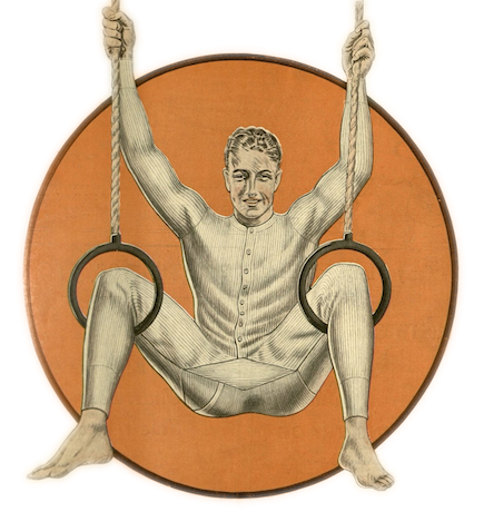 ridiculous ad image of man in union suit with legs through gymnastic rings
