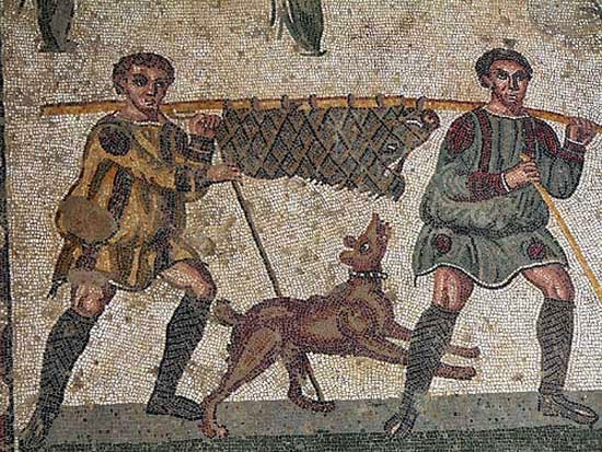 mosaic of hunters carrying boar tied to pole