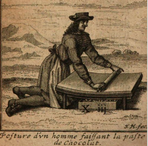 engraving of kneeling man rolling out chocolate paste