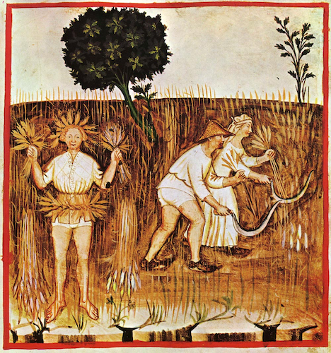 illustration of laborers scything and grinning figure oddly festooned with wheat